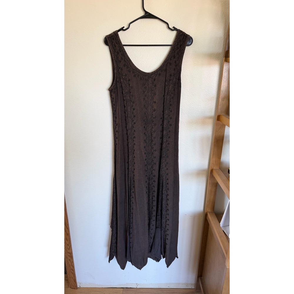 Almazz Embroidered Maxi Dress Brown‎ Excellent Boho Handkerchief Hem (2068)
